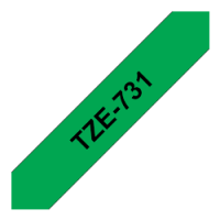 TZe-731 Nhãn tiêu chuẩn, chữ đen trên nền xanh lá 12 mm
