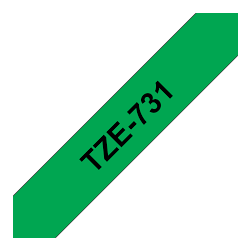 TZe-731 Nhãn tiêu chuẩn, chữ đen trên nền xanh lá 12 mm