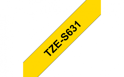 TZe-S631 Nhãn siêu dính, chữ đen trên nền vàng 12 mm